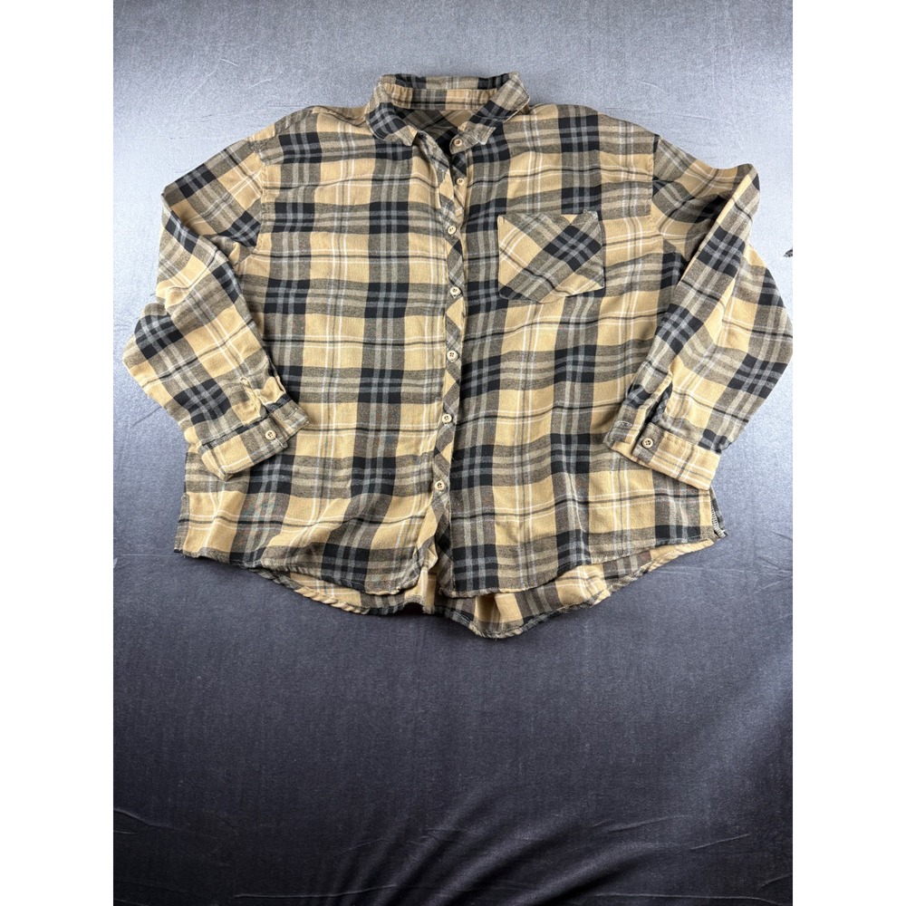 Womens Tan Black Plaid Flannel Shirt Long Sleeve Button Down Size 2XL